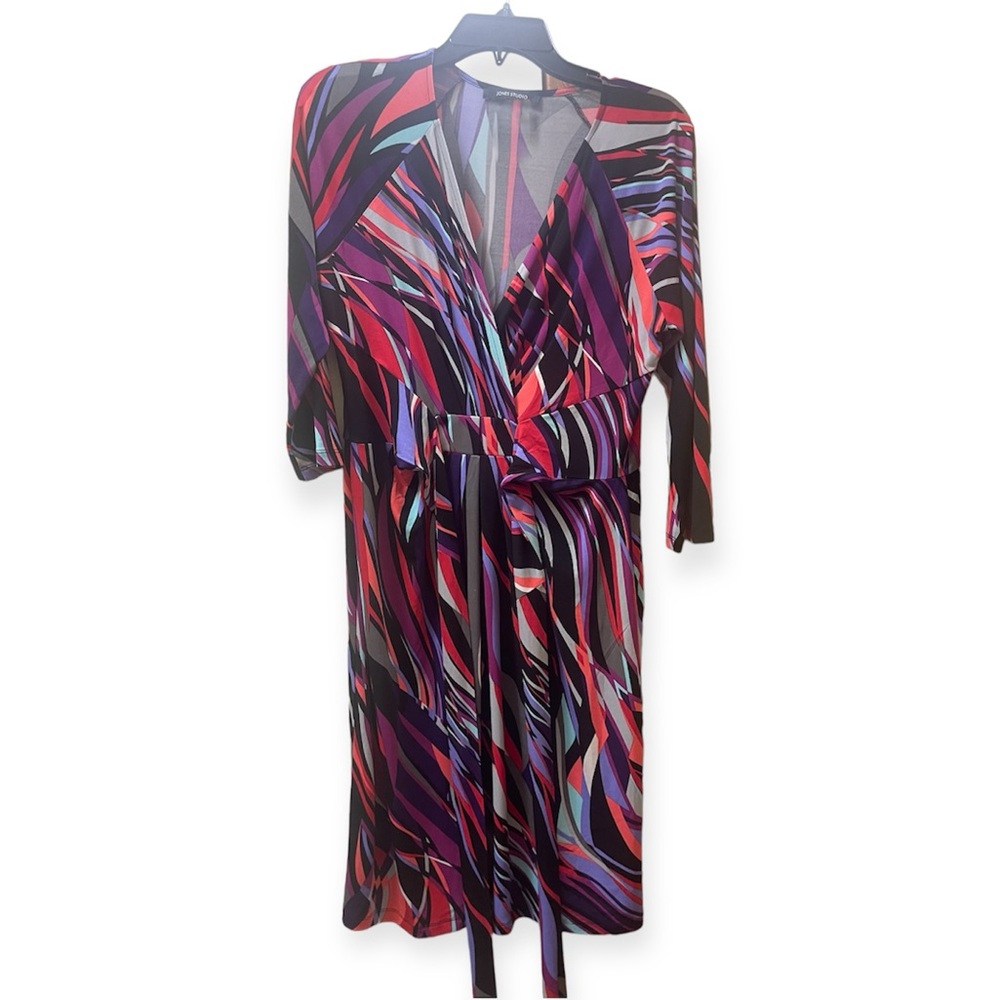 Jones Studio Multicolour V-neck Wrap 3/4 Long Sleeve Midi Stretch Dress